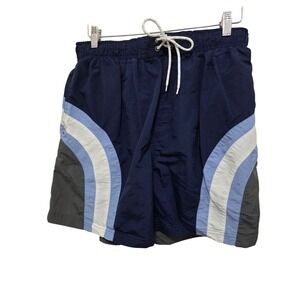 Vintage Sand N Sun Mens Swim Shorts Blue/Gray W/ White & Light Blue Stripes Elas